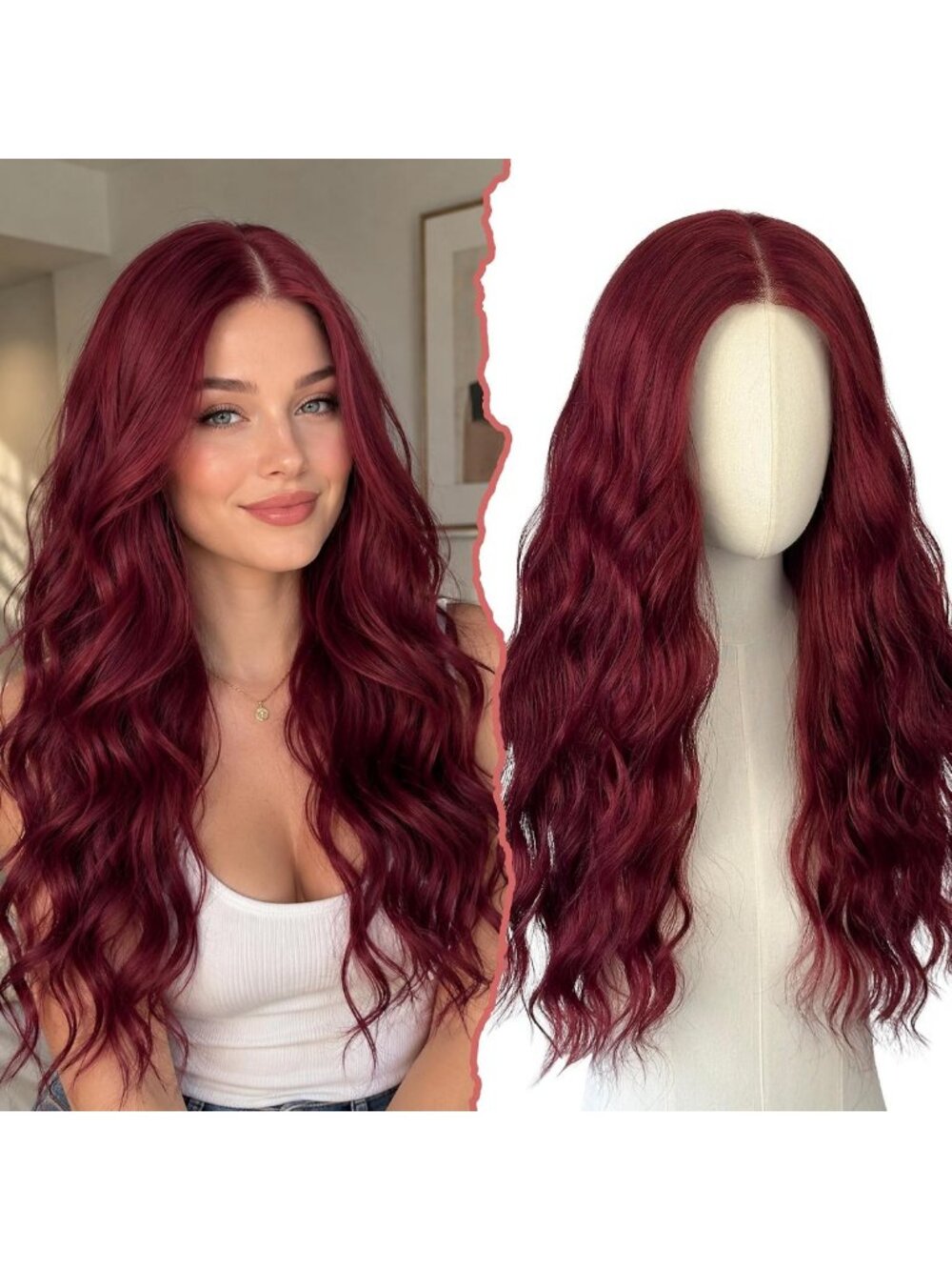 Long Wavy Burgundy Synthetic Wig with Swiss HD Lace - 26 Inch Hairpiece for